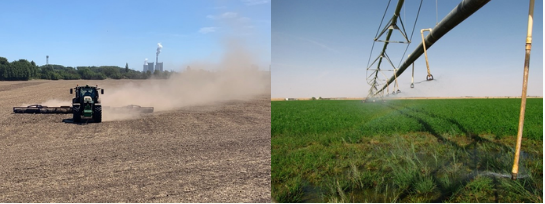 Links: Traktor mit Staubfahne bei Angersdorf, südl. von Halle (Saale),  Rechts: Kreisregner in Betrieb, Saudi Arabien. (Fotos: C. Siebert, UFZ)